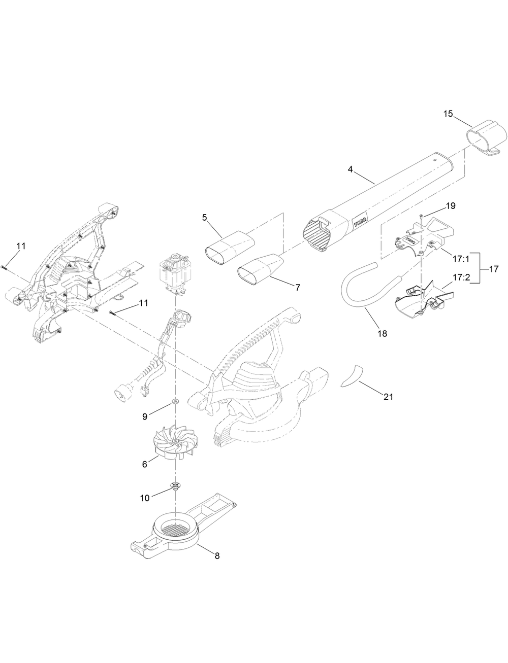 Blower Tube And Impeller Assembly Diagram and Parts List for 51621 (314000001 - 314999999)(2014) Lawn Boy Leaf Blower / Vacuum